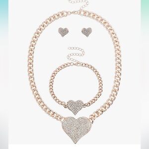 Bling Heart Chain Earring Bracelet Necklace Jewelry Gift Set 3PC